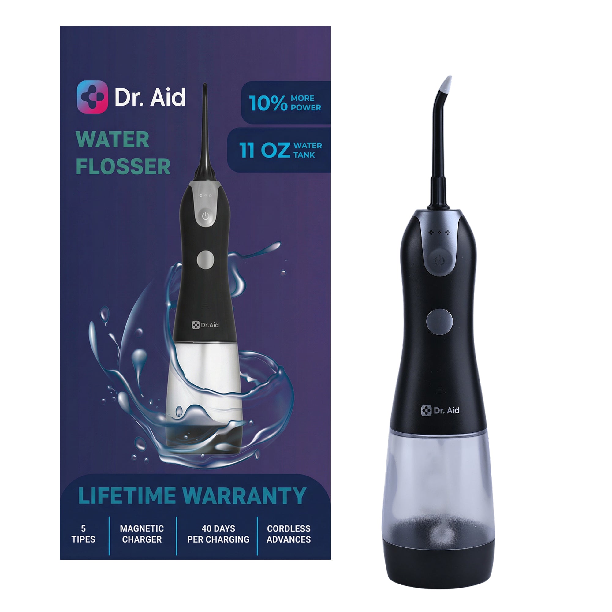 Dental Water Flosser – 11Oz Tank, Water Filter, 5 Tips, Magnetic Charger (Black)